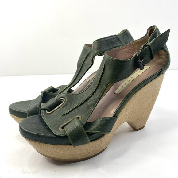 Pura Lopez Shoes Womens Size 38 US 8 Wooden Block Heel Clog Green Leather - Picture 4 of 9